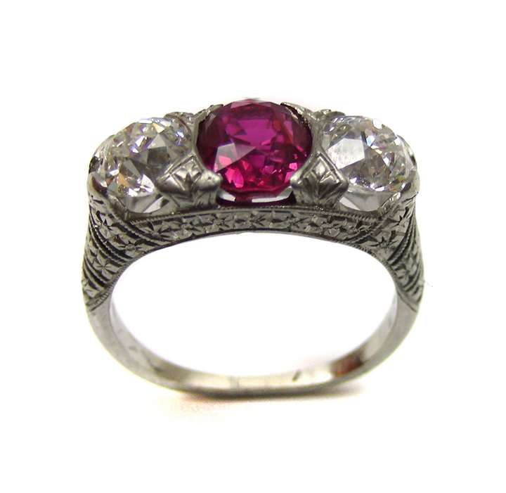 Antique three stone ruby and diamond ring